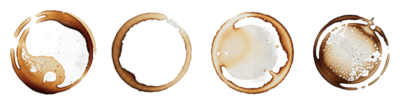 Coffee cup stain rings and brown liquid splatters set isolated on white background. Round caffeine marks, mug traces, and coffee drops for design and texture.