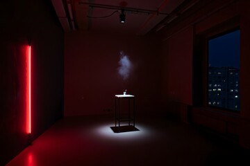 Modern Art Gallery with Neon Lights and Sculptural Installation