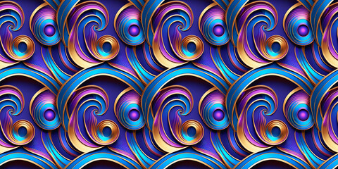 Fototapeta premium Artistic geometric seamless pattern, swirling concentric circles, abstract figures, vibrant purple, turquoise, fuchsia, gold, holographic sheen, packaging, art prints, wallpapers