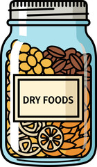 Colorful glass jar filled with assorted dry foods, including nuts and dried fruits, isolated on a transparent background, ideal for healthy snacking.