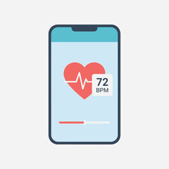 Smartphone displays heart rate monitor with 72 BPM and EKG line