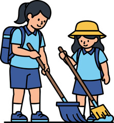 Obraz premium Two children cleaning up the environment together, one girl and one boy, outdoors, bright colors, smiling, teamwork, on a transparent background
