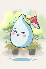 Funny Raindrop Character Holding Small Umbrella