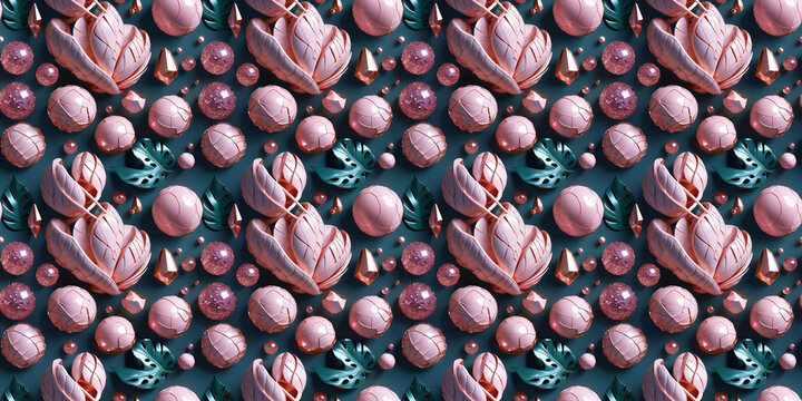 Refined seamless pattern, levitating complex shapes, crystals, vibrant monstera leaves, subtle pink undertones, great for haute couture, top-tier beauty, premium packaging, and iving spaces