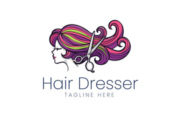 Woman profile with colorful hair and scissors for salon hair stylist and beauty branding Vector logo template