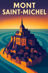 Mont Saint-Michel Travel Poster - Polygonal Abbey Rising from Concentric Tidal Patterns at Sunset