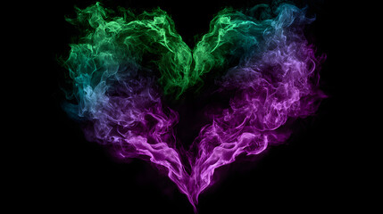 Black background with green and purple smoke and flames forming glowing heart shapes in the air