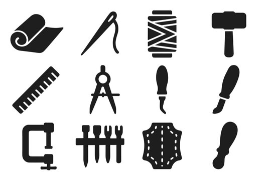 Traditional Crafting Tools. Solid style icons of Traditional Crafting: Leather Roll, Needle, Waxed Thread, Wooden Mallet, Ruler,
