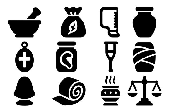 Early Medicine Icons. Solid style icons of Early Medicine: mortar and pestle, herbal pouch, bone saw, clay jar, healing amulet,