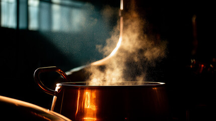 Copper brew kettle steaming in warm industrial atmosphere – craft brewing process

