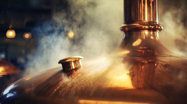 Copper brew kettle steaming in warm industrial atmosphere &ndash; craft brewing process
