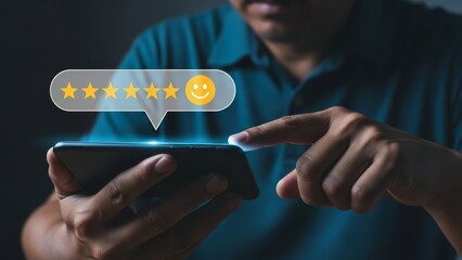 person using smartphone to leave five-star review with smiley face icon