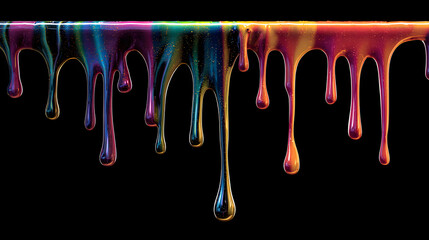 Dripping rainbow colored liquid against a black background vibrant colorful iridescent art