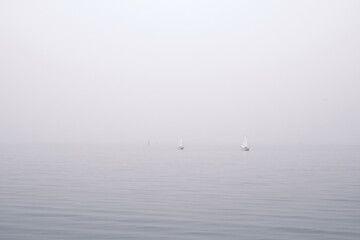 Sail boats on a misty morning sea
