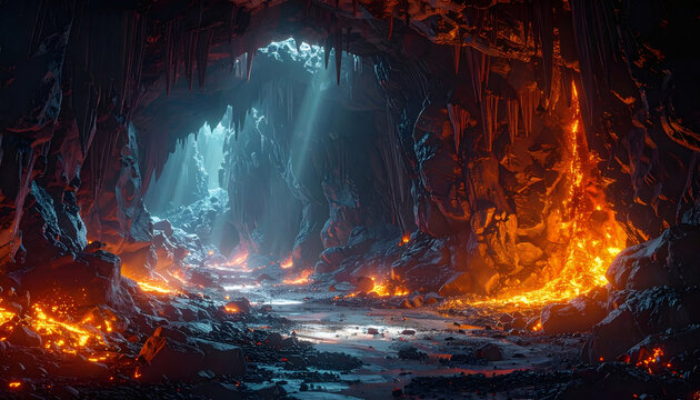 Volcanic Cave with Flowing Lava Fantasy Environment