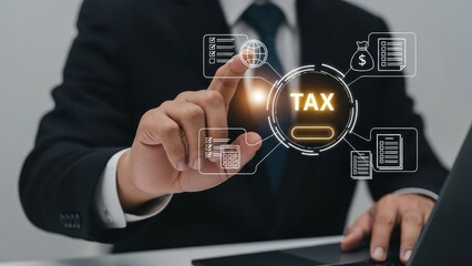 businessman in suit interacts with digital tax management interface in an office setting