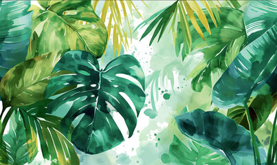 Exotic watercolor tropical leaves and plants background