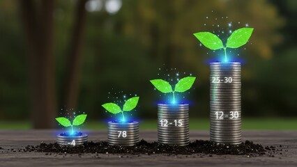 Digital growth increasing with environmentally friendly plant symbols emerging from coins in an outdoor setting