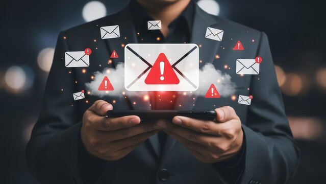 businessman wearing suit and holding smartphone with multiple email notifications and alert icons displayed on the screen - Powered by Adobe