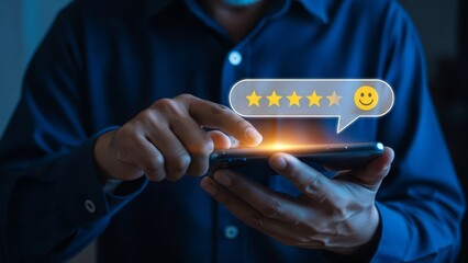 person in dark blue shirt using smartphone to give five-star rating with smiley face icon