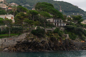 Coastal Villa on Rocky Cliff with Umbrella Pines in Liguria, Italy