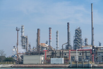 Industrial Refinery Complex with Smokestacks in Porto Marghera Venice, Italy