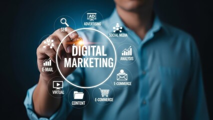 person in formal attire interacts with digital marketing diagram on futuristic screen