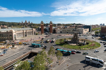 Panoramic view of Placa de Espanya in Barcelona with Venetian Towers and Palau Nacional