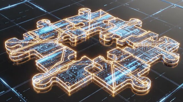 Digital puzzle pieces connecting, representing technology, innovation, and problem-solving.