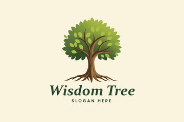 Green leafy tree with visible roots for nature environment wisdom and growth Vector logo template