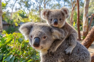 Obraz premium Koala bear and cub resting together against blurred green foliage