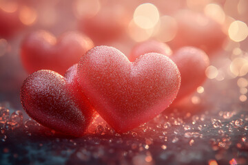 Obraz premium Background with sparkling red hearts and golden bokeh lights, Valentine's Day greeting card design.