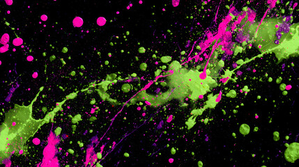 Neon green and neon purple paint splatter on a dark abstract background texture design