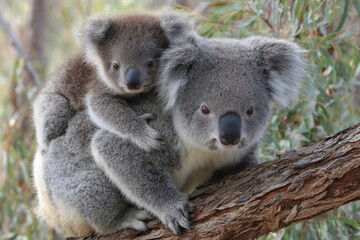 Fototapeta premium Koala bear mother and cub embrace on a branch against nature background