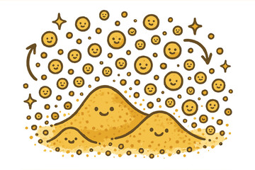 Naklejka premium Happy Sand Dance. Friendly doodle sand particle close-up with happy grains, cartoon arrows indicating motion, cheerful micro-dunes