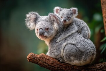 Koala mother carrying baby on branch in natural habitat wildlife scene