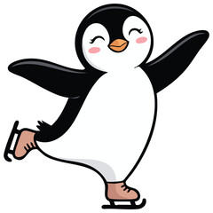 Obraz premium Cute cartoon penguin skating illustration doodle style Christmas card vector