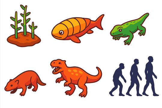 Evolutionary Icons. Isometric vector illustration set Evolutionary Milestones: first land plants, armored fish, early tetrapod,