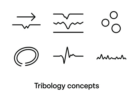 Tribology Icon Illustrations. Line style icons of Tribology Concepts: friction arrow, contact surface diagram, micro-abrasion