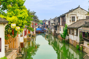 View of the famous water town called Zhouzhuang on a sunny day near Suzhou and Shanghai in China.
