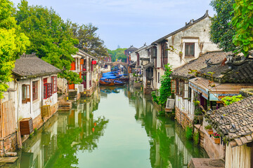 View of the famous water town called Zhouzhuang on a sunny day near Suzhou and Shanghai in China.