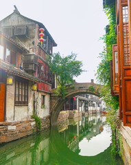 View of the famous water town called Zhouzhuang on a sunny day near Suzhou and Shanghai in China.