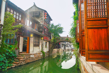 View of the famous water town called Zhouzhuang on a sunny day near Suzhou and Shanghai in China.