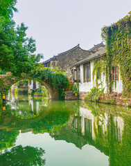View of the famous water town called Zhouzhuang on a sunny day near Suzhou and Shanghai in China.