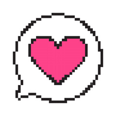 Fototapeta premium Pixel art heart message icon for Valentine’s Day. Cute 8-bit chat bubble with heart, perfect love and romance symbol for dating app, game, sticker, social media, and holiday design.