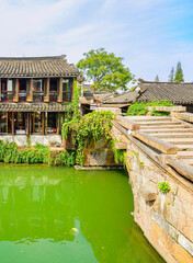 View of the famous water town called Zhouzhuang on a sunny day near Suzhou and Shanghai in China.