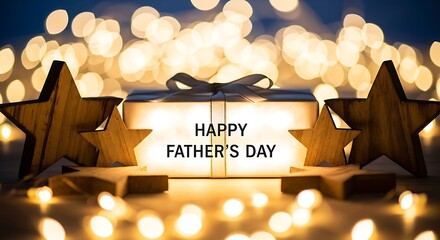 A warm and glowing father's day gift box surrounded by wooden stars and bokeh lights