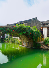 View of the famous water town called Zhouzhuang on a sunny day near Suzhou and Shanghai in China.