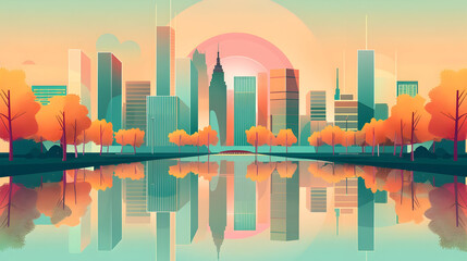 Modern cityscape reflection with autumn trees at sunset