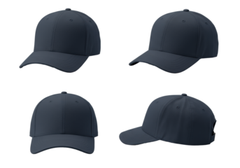 Four plain navy blue matte cotton baseball caps, front, side, back views, on a white studio background with ample copy space, flat lay, concept for product mockup template